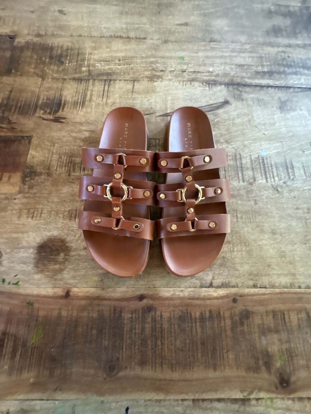 Marc Fisher Women's Verity Flat Leather Footbed Sandal - Brown Leather 9